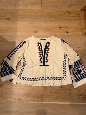 Antik Batik Cream Tunic with Navy and Red Embroidery